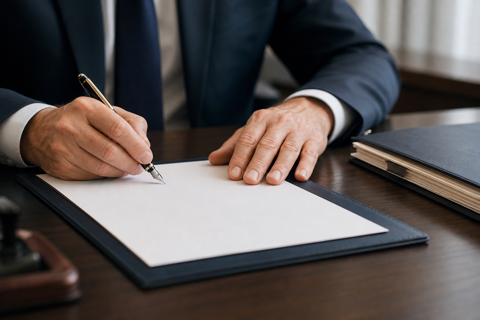 Hands signing an attorney termination letter with a fountain pen