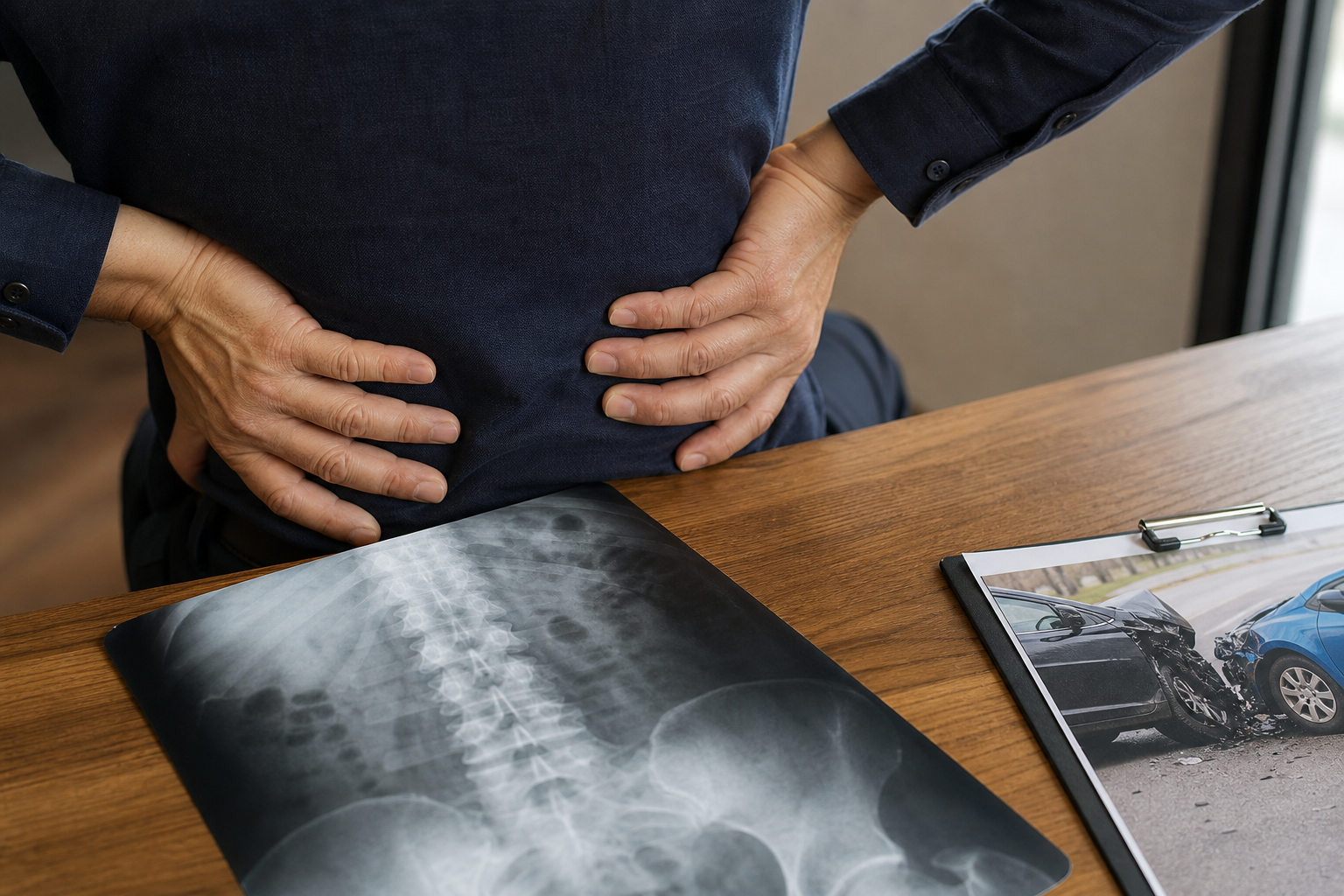 Hands pressing against a lower back beside a spine x-ray and accident report
