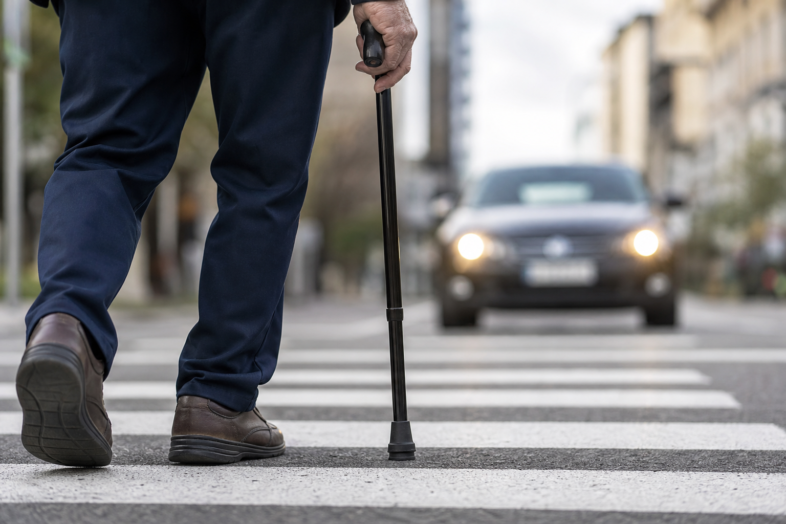 Pedestrian with a cane stepping into a crosswalk as a car approaches